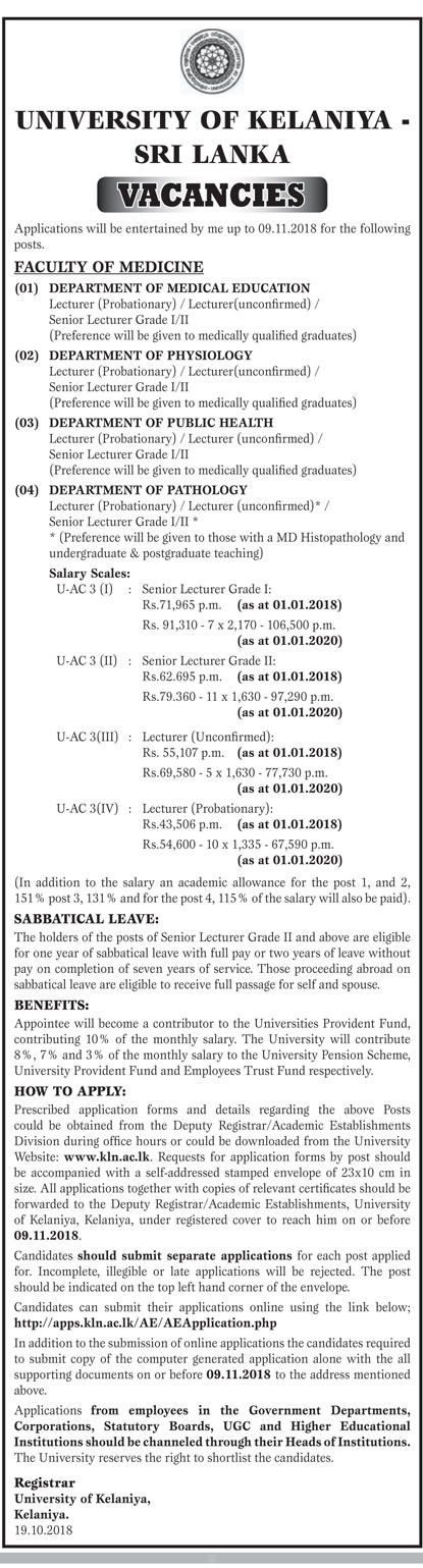 Lecturer, Senior Lecturer - University of Kelaniya